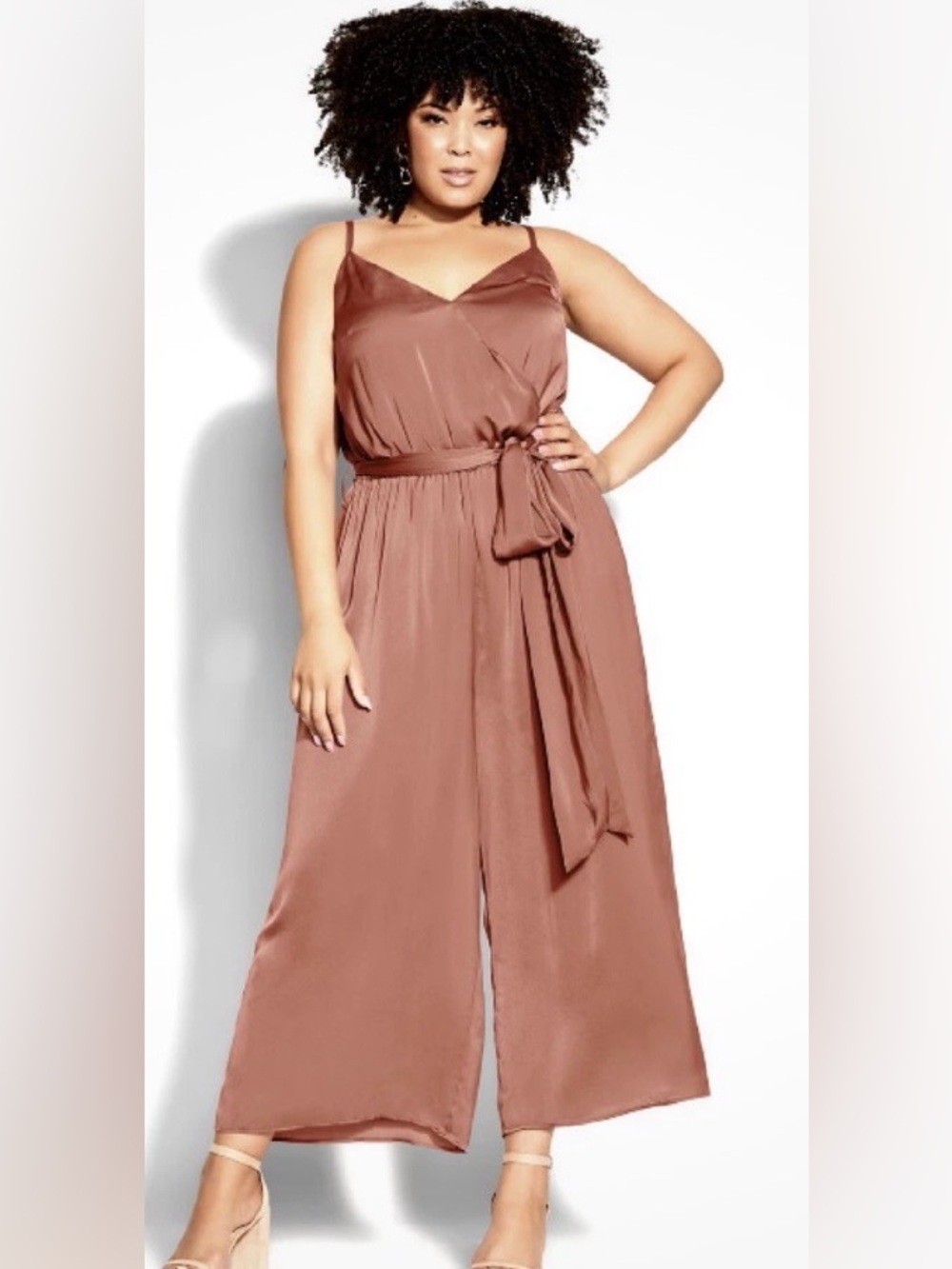 City Chic Taupe Wrap-Front Wide-Leg Jumpsuit Cinnamon